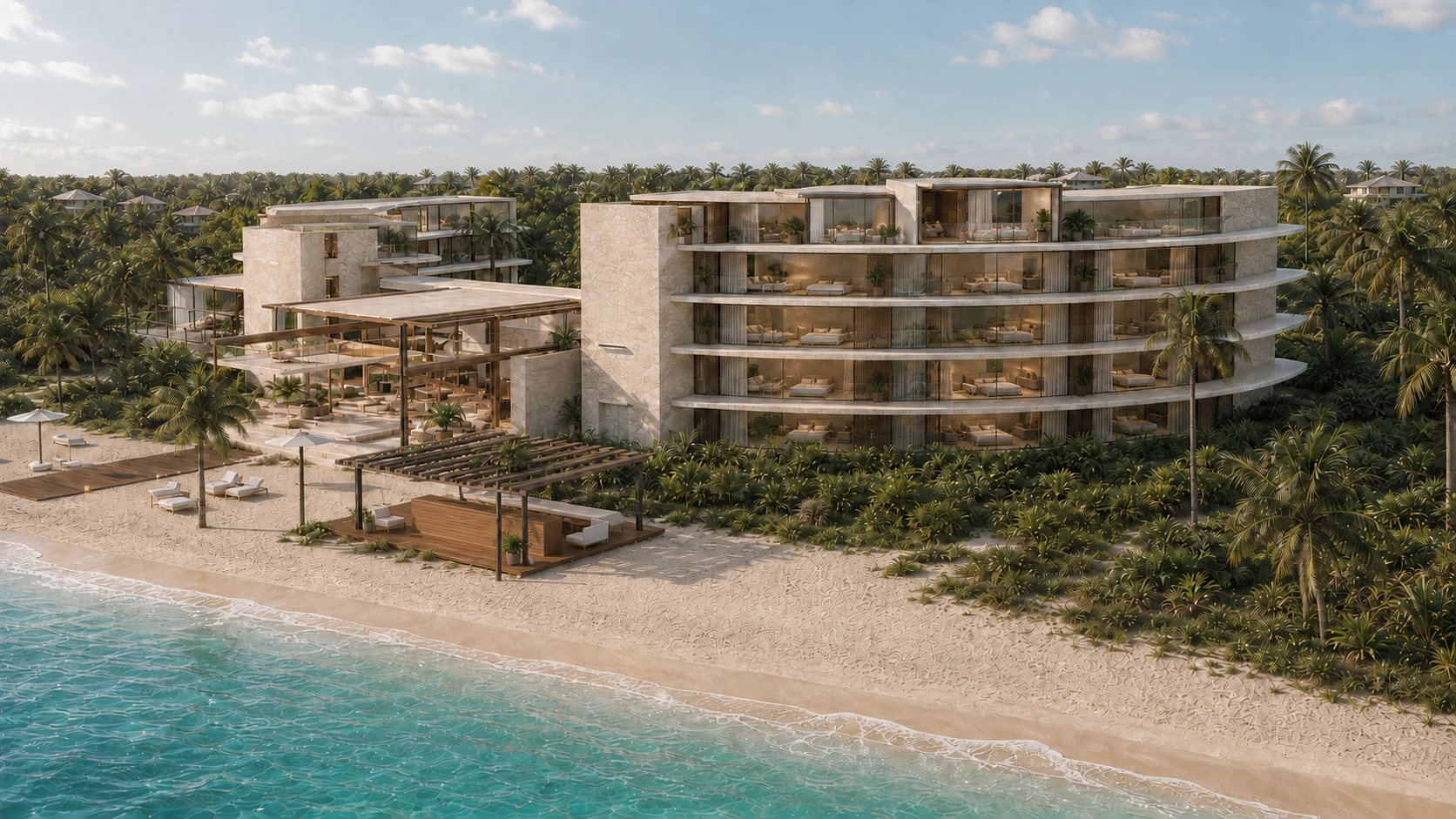 Photographic interpretation of the fictional Tidecourt resort, with curved stone terraces, palms and a sandy coastline.